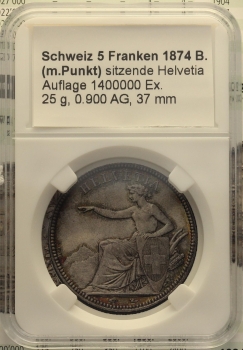 Slab fertig beschriftet, für 5 Franken 1874 B. (Brüssel)